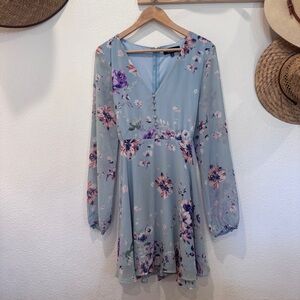 Lulu’s Baby Blue Floral Chiffon Mini Dress — Romantic Cottagecore Garden Party
